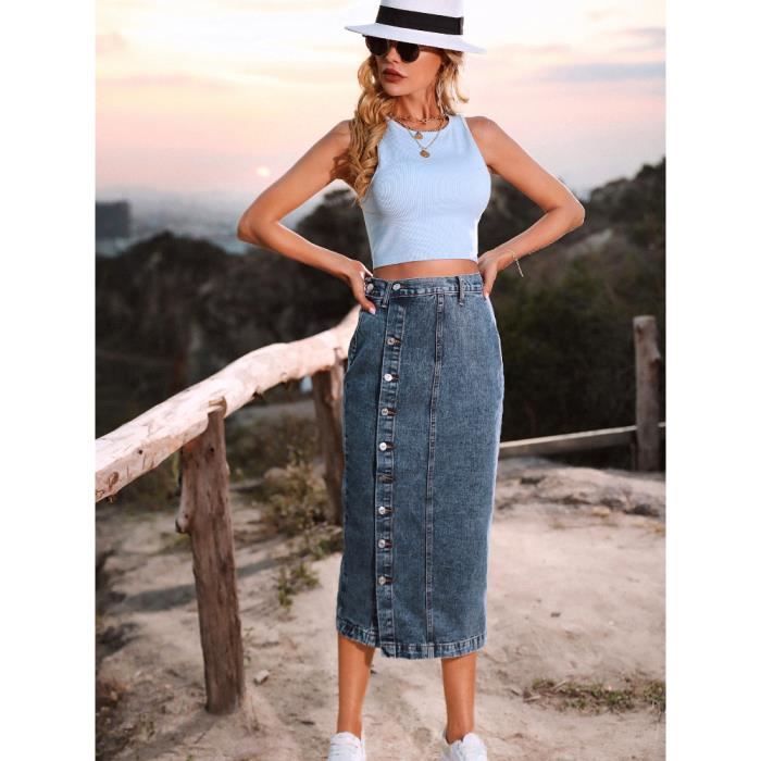 Jupe Jupe fendue en jean pour femmes d ete jupe taille haute irreguliere mode decontractee Sexy pour femmes Dark blue F Blanc Cdiscount Pret a Porter