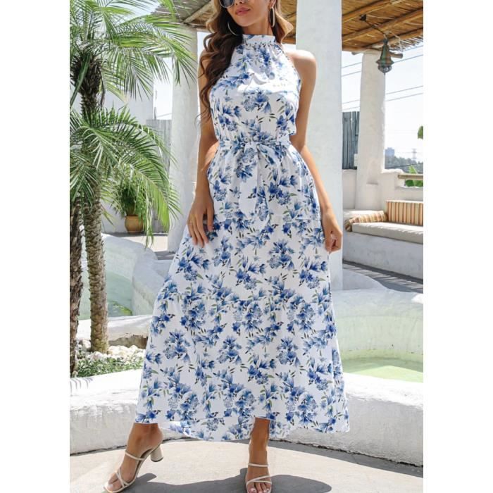 Robe Ete Femme a sans Manches Elegante Mousseline de Soie Col en V Robes Longue avec Volants Ample bleu Bleu Cdiscount Pret a Porter