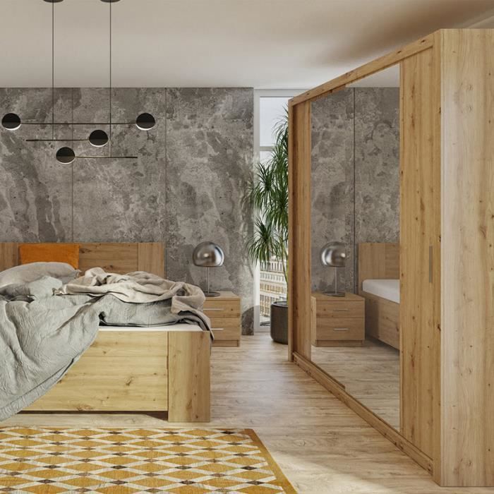 Armoire portes coulissantes - SELSEY - RINKER - 200 cm - Chêne artisanal - Miroir intégré