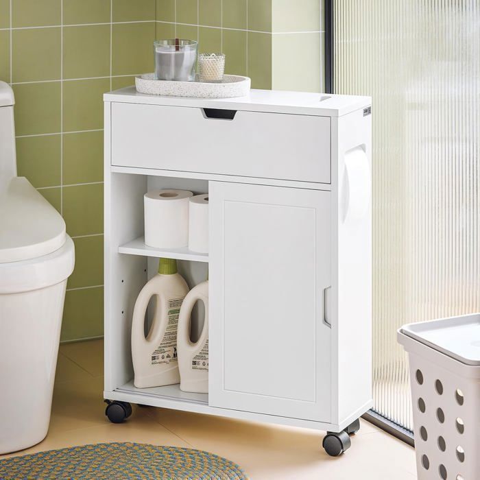 Meuble WC SoBuy Armoire de Rangement Étroit sur Roulettes avec Porte Coulissante & Espace Brosse Blanc 52x68x17 cm Meuble WC SoBuy Armoire de Rangement Étroit sur Roulettes avec Porte Coulissante & Espace Brosse Blanc 52x68x17 cm