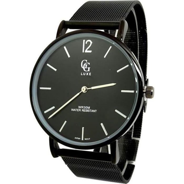 Nouveauté MONTRE ALL BLACK Bracelet NOIR Maille Milanaise LUXE HOMME FEMME PLATE