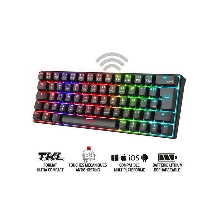 SPIRIT OF GAMER XPERT K200 | Clavier Gamer mécanique sans Fil & Bluetooth RGB -TKL AZERTY 60% -Anti-Ghosting