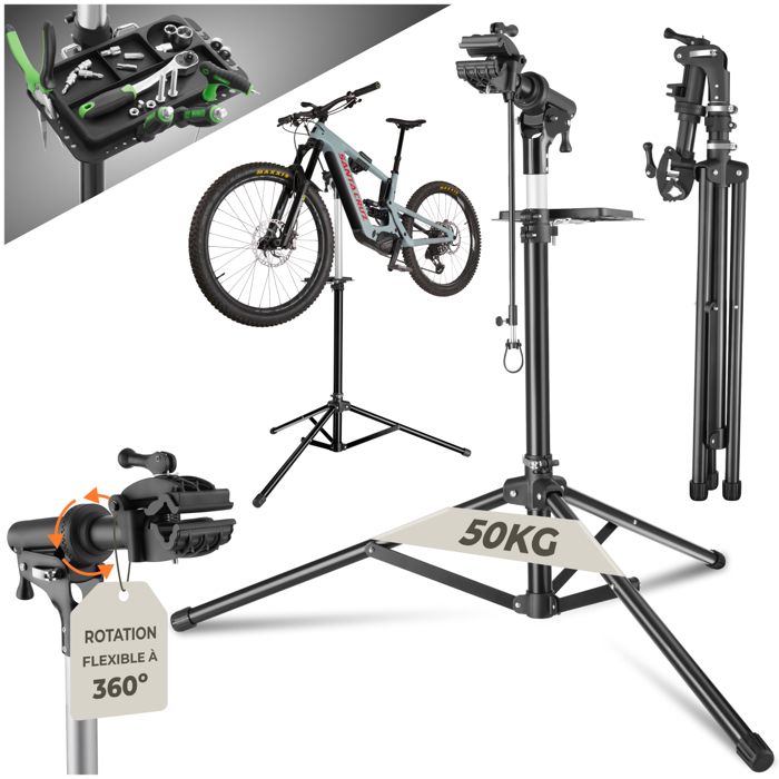 Entretien vélo - TECTAKE - Support de réparation vélo TRISTAN pivotant réglable porte-outils inclus 138 x 120 x 117-180 cm - Noir