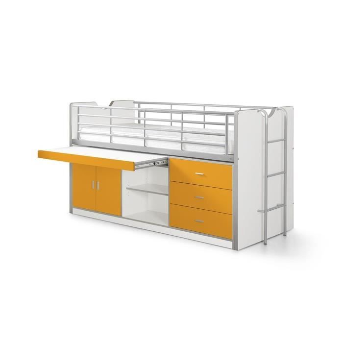 lit mezzanine bonny 95 en mdf avec bureau intégré et rangements - orange et blanc