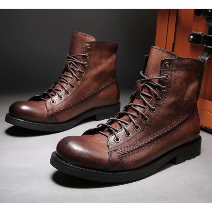 Boots homme en cuir a lacets Marron Talon plat Hauteur moyenne Pour homme