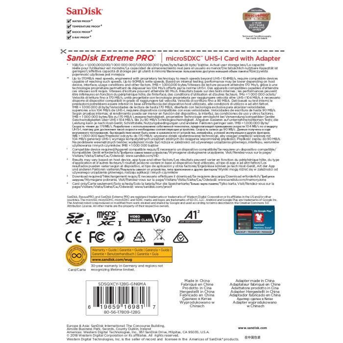SanDisk 128 Go Extreme PRO microSDXC carte + adaptateur SD + RescuePro  Deluxe jusqu'à 200 Mo/s avec des performances applicatives A2 UHS-I Class  10 U3 V30 : : Informatique