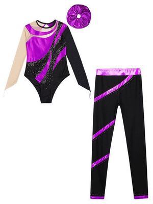 Inhzoy Femme Justaucorps Gymnastique Manches Longues Tenue Patinage Artistique Strass Léotard Danse Ballet Asymétrique Combinaison Sport Yoga Fitness Bodysuit Dancewear S-XL A Bleu Royal S