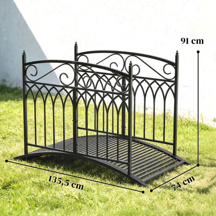 Schwarze Gartenbrücke mit Massangaben 135,5 × 74 × 91 cm