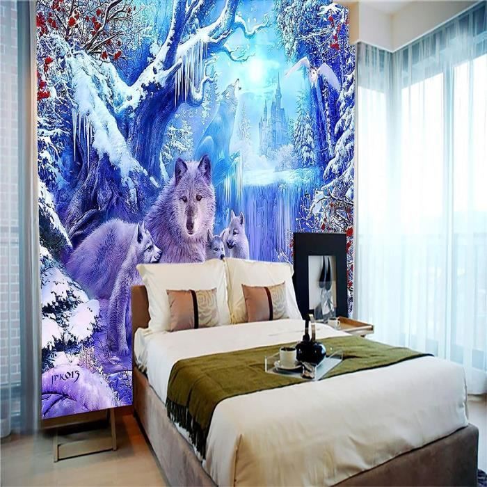 Papier Peint Mural Poster Géant 3D Loup animal de scène de neige