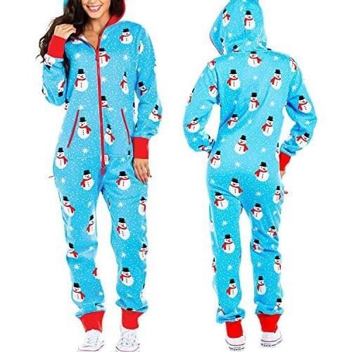 Pyjama Noel Femme Ensemble AMOUNE One Piece Deguisement Cosplay Vetement de Nuit Zipper Bleu