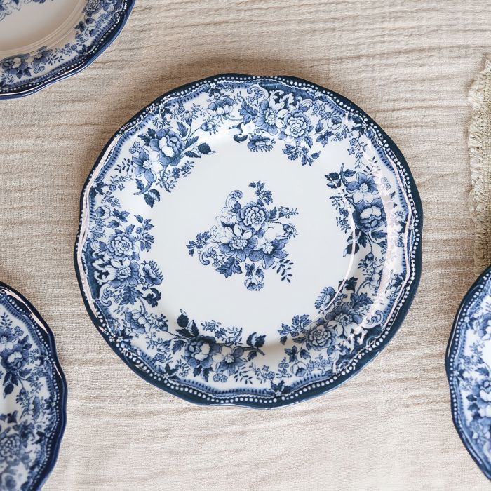 Lot De 6 Assiettes à Dessert Vintage - Porcelaine Bleue Et Blanche à Rayures - Style Bistrot Français - Occasion En Bon état