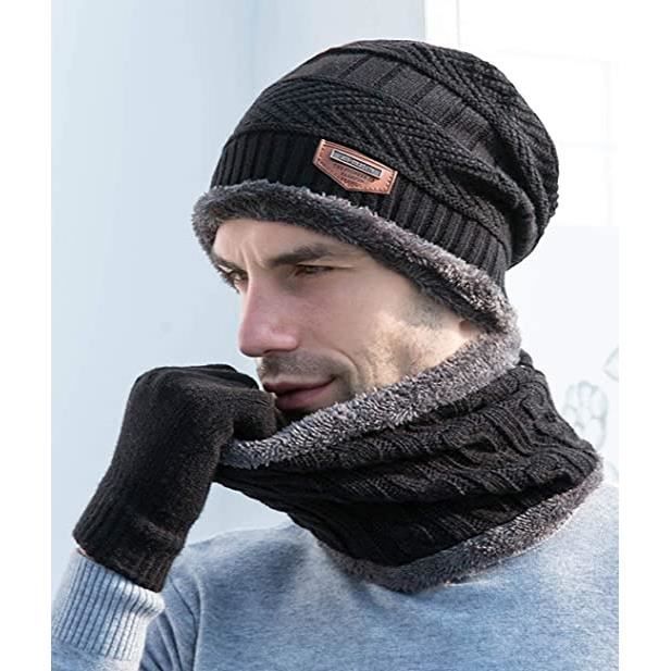 Heekpek Hiver Tricotés Ensemble Bonnet Tricoté Écharpe Gants Pour Hommes Et Femmes 4 Pièces,Noir,Taille Unique