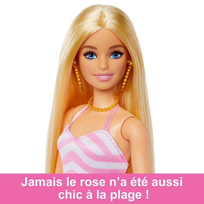 Poupée Barbie Plage - Blonde En Maillot De Bain Une Pièce Bleu Marine Et Jaune Rayé - Jouet Pour Enfant Dès 3 Ans - GHW41