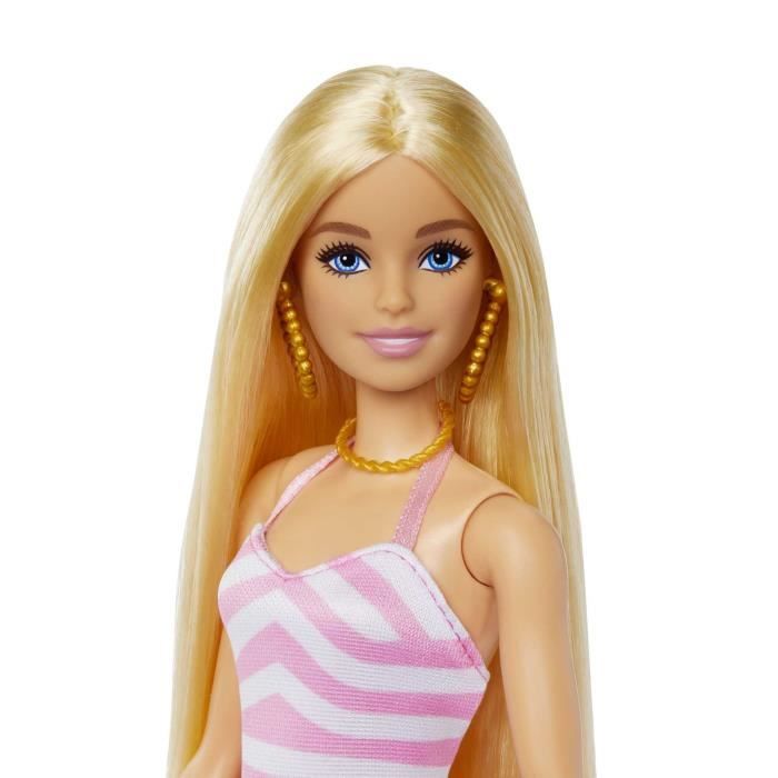 Barbie– Poupée Plage – Cheveux brun foncé, maillot violet tropical Âges 3+  