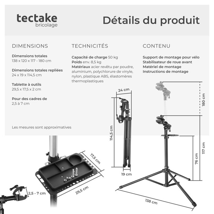 Support de réparation de vélo de qualité réglable en hauteur - Support pliable pour réparation et rangement de vélos