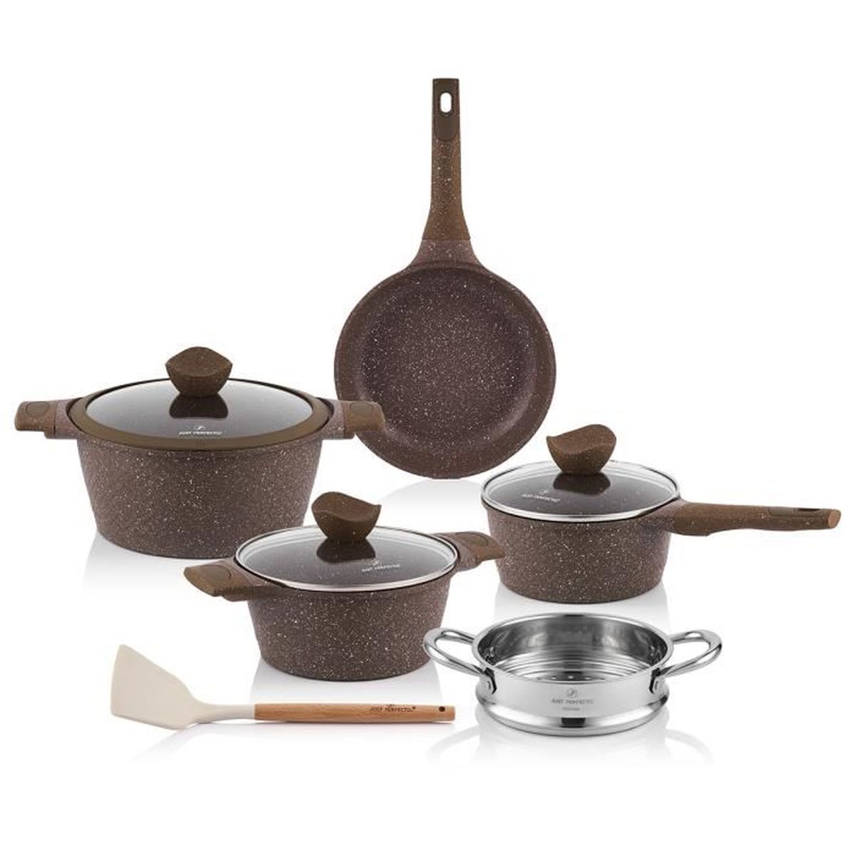 Batterie De Cuisine 15 Pièces Just Perfecto - Induction - Poêles Et Casseroles Antiadhésives Granit - Wok + Couvercles Verre + Ustensiles