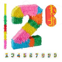 3 tlg. Pinata Set Geburtstag, Zahl 2, Pinatastab mit Augenmaske, Kinder & Erwachsene, Piñata zum selbst Befüllen, bunt