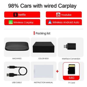 AUTORADIO Carplay BOÎTE 64G - seulement une carte SD - Carplay sans fil pour Android Auto, AI TV Box, Mise à niveau de