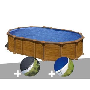 PISCINE Kit piscine acier aspect bois Gré Amazonia ovale 6,34 x 3,99 x 1,32 m + Bâche d'hivernage + Bâche à bulles 634,00 x 399,00 x 132,00