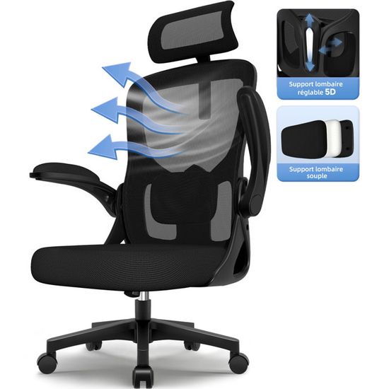 Chaise De Bureau Ergonomique - Dossier Maille, Soutien Lombaire Réglable, Appui-tête, Accoudoirs 3D - Inclinaison 90-125°