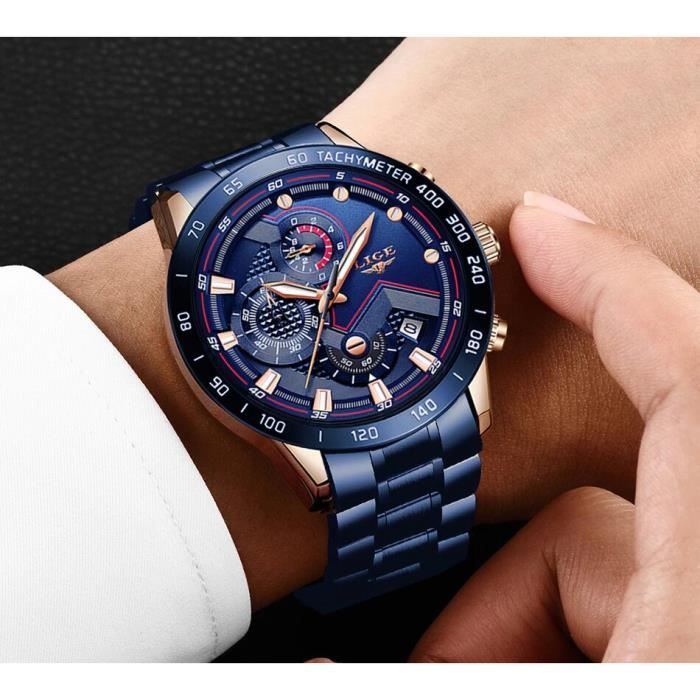 LIGE hommes montres haut de gamme en acier inoxydable de luxe bleu étanche montre à Quartz hommes mode chronographe mâle Sport