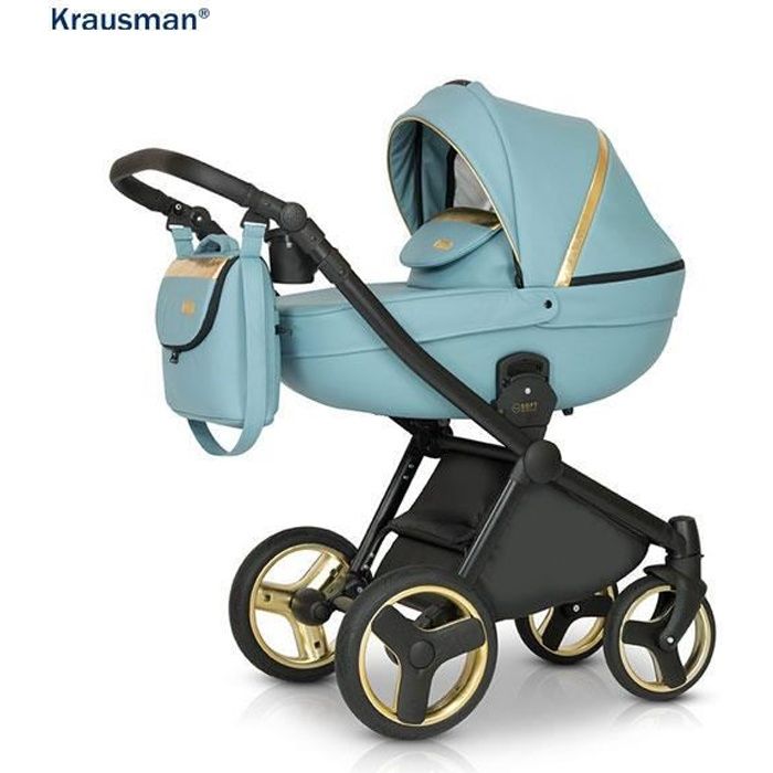 Krausman Poussette Combinée 3 en 1 Prime Mirage Blue Gold – Landau, Poussette promenade, Siège auto