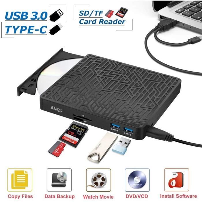 Lecteur CD/DVD Externe,ANIZR USB 3.0 Type C Lecteur Carte SD/TF Graveur DVD Externe CD Enregistreur Portable RW/ROM Mince ROM USB Co