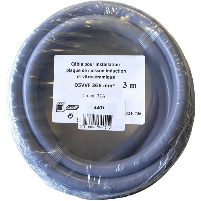 4401 CABLE ELECTRIQUE 3G6MM2 HO5VV-F 3M pour installation plaque de cuisine induction ou vitroceramique, circuit 32A, Gris