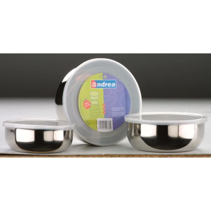 SET DE 3 BOITES ALIMENTAIRES INOX - COUVERCLE PLASTIQUE -INOX DE QUALITE SUPERIEURE - DIAMETRE 14, 16 ET 18 CM - PASSE AU LAVE-VA...