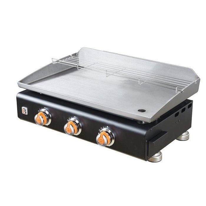 Plancha gaz BRASERO Silvia II - Noir / Inox - 3 feux - Surface cuisson 67 x 34 cm - Plaque Inox - Grille de réchauffement - 7,5 kW