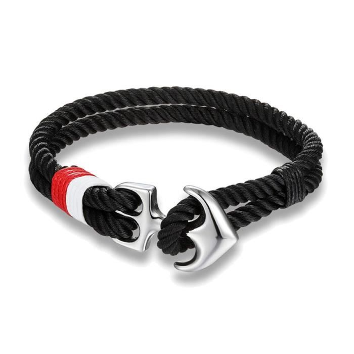 Bracelet ancre nautique, bleu blanc rouge 21cm Noir