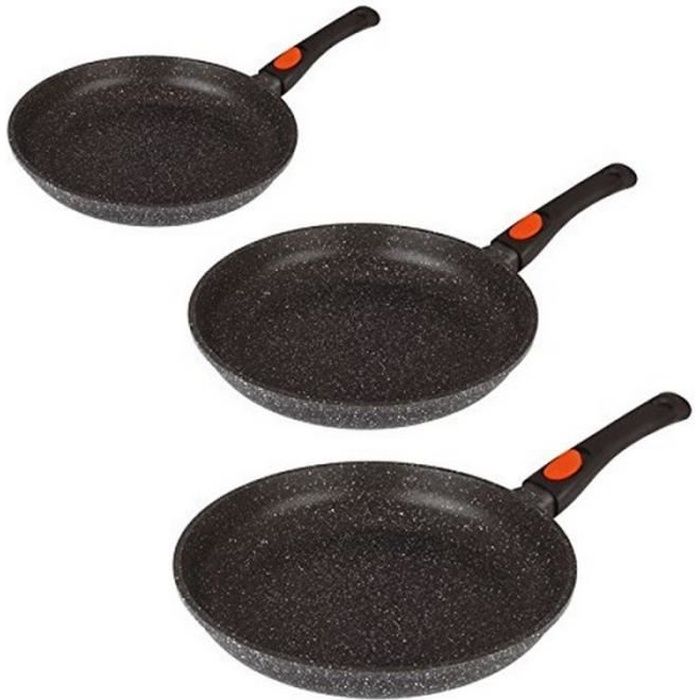 Espace Cuisine - Lot de 3 Poêles 20, 24 et 28cm revêtement façon pierre Noir