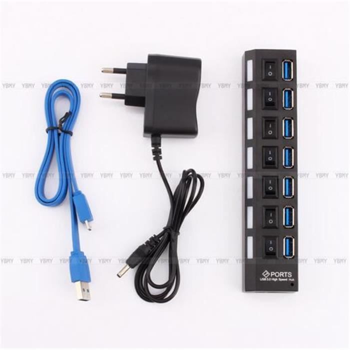 7 Port USB 3.0 HUB interrupteur d'alimentation splitter plug & play + câble adaptateur secteur pour PC EU