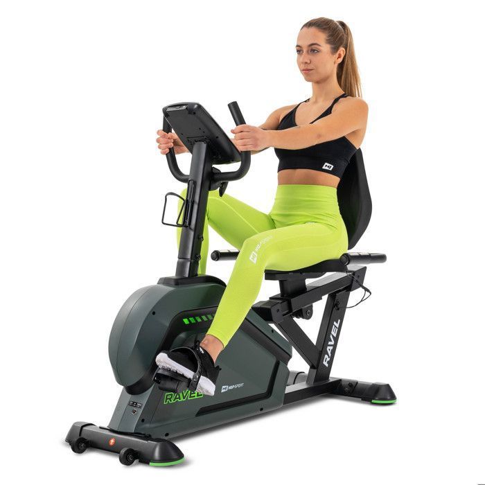 Hop-Sport Vélo d’appartement semi-allongé, Masse d'inertie 10 kg, HS-120L Ravel, 12 programmes, Résistance électromagnétique + tapis