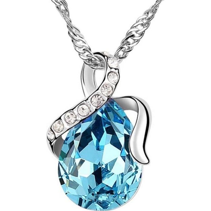 LCC® Collier/pendentif femme argent classique goutte d'eau cristal Swarovski plaqué Or blanc-pierre bleu élégant - cadeau tendance