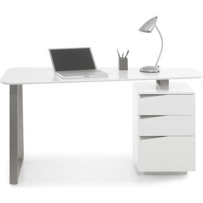 Bureau avec 3 tiroirs coloris laque blanc mat - L150 x H76 x P67 cm