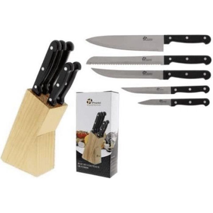 5 Couteaux, Acier INOXIDABLE Manche en Polypropylene Bloc Bois, Noir Couleur Nature Pradel Excellence