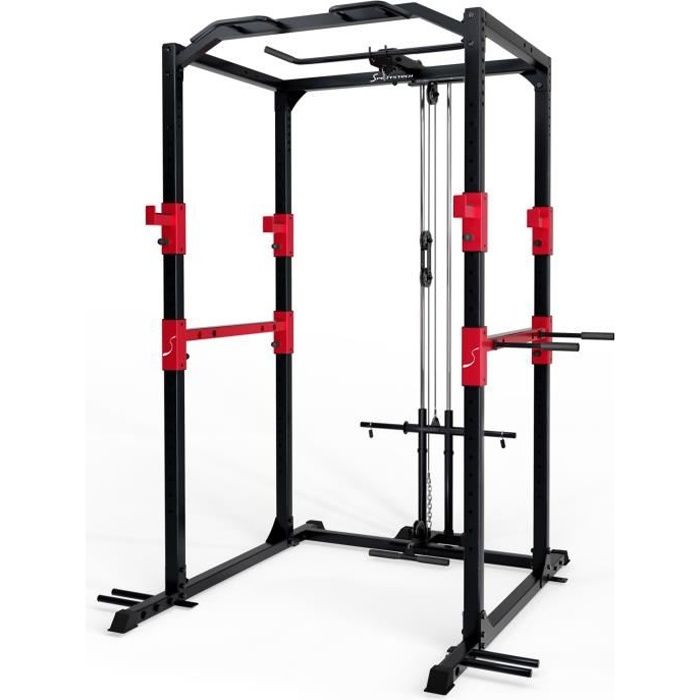 Sportstech FPR300 Power Rack + Barre de Traction, Barre à dips, 2 poignées LAT et Mousqueton, Rack pour haltères et Poid