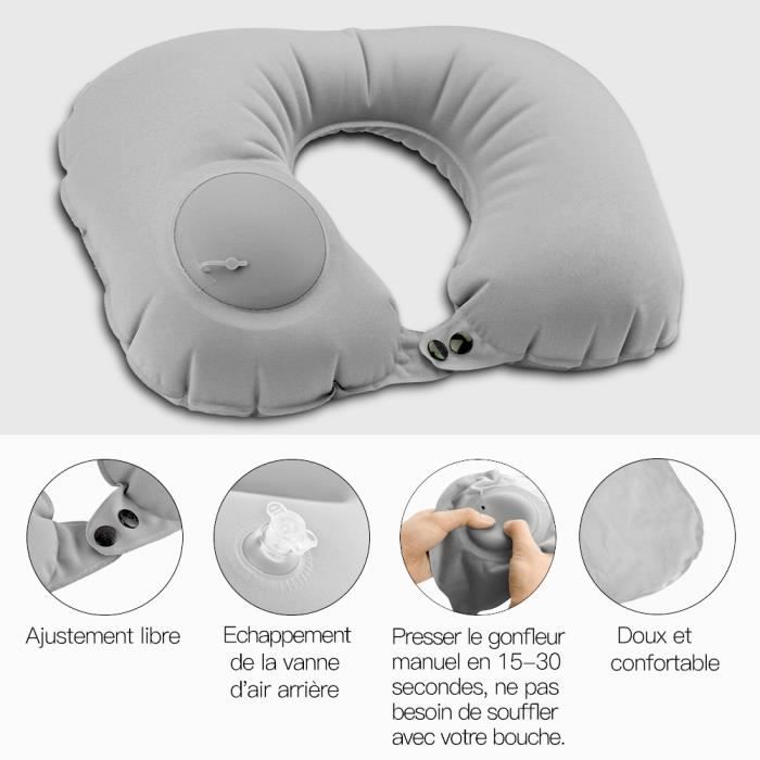 TECHSTICK® Oreiller de camping Oreiller Cervical Léger Coussin gonflable pour avion, voiture, camping, maison, bureau - gris