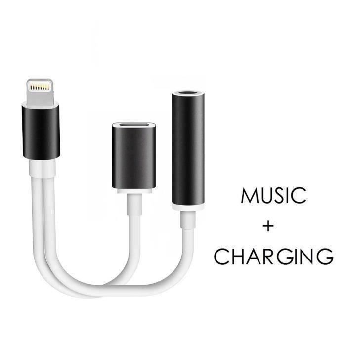 2 en 1 adaptateur Lightning pour iPhone 7 8 11 12 chargeur and 3.5 mm écouteurs jack Cable adaptateur noir
