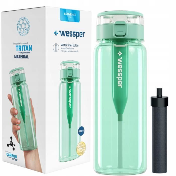 Gourde Wessper ActiveMax Clarti, Bouteille filtrant l'eau, en tritan, sans BPA, flacon avec embout 680ml, menthe + 1 filtre