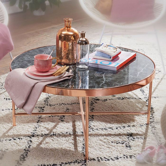 WOHNLING table basse aspect marbre noir ronde Ø82,5 cm table basse cuivre