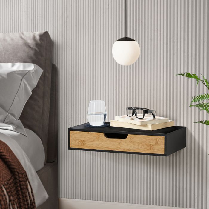 Étagère murale Bokn avec tiroir bambou 40 x 24 x 8 cm noir