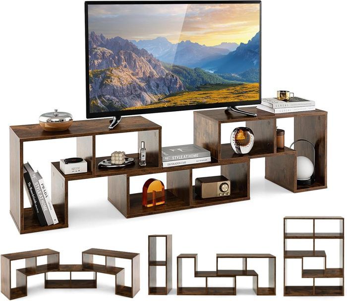 GIANTEX Meuble TV Modulaire en 3 Pcs Combiné Libre- 3 Niveaux d’Etages avec 6 Compartiments- pour TV à 65- 134-180x 30x 43 cm-Café