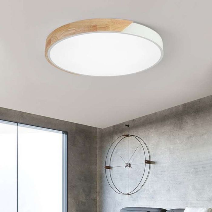 WOTTES Plafonnier en Bois Rond - LED Plafond Luminaire Moderne Pour Salon Chambre Couloir Cuisine - 30*30CM - Blanc - Blanc Froid