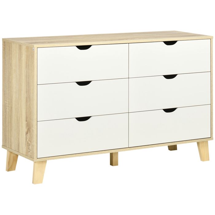 Commode 6 tiroirs - HOMCOM - style scandinave - meuble de rangement - 120 x 40 x 76 cm chêne et beige