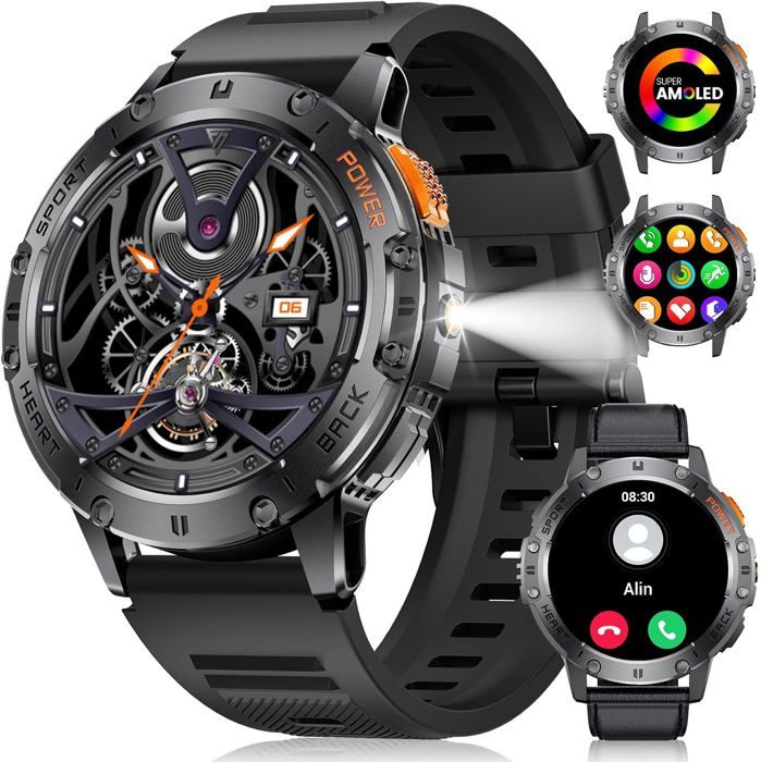 Montre Connectée Homme Avec Lampe De Poche 1 43Amoled Smartwatch Avec 530 Mah Appels Bluetooth Moniteur De Sommeil Podomètre Spor