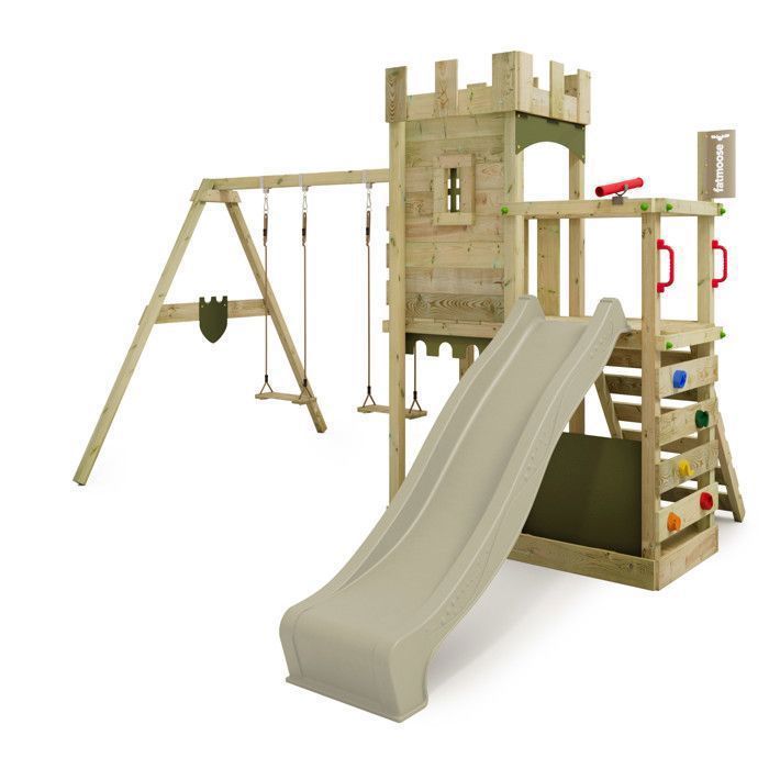Tour de jeux bois FATMOOSE BoldBaron XXL avec double balançoire toboggan 220 cm vert sauge et mur d’escalade – 10 ans de garantie*