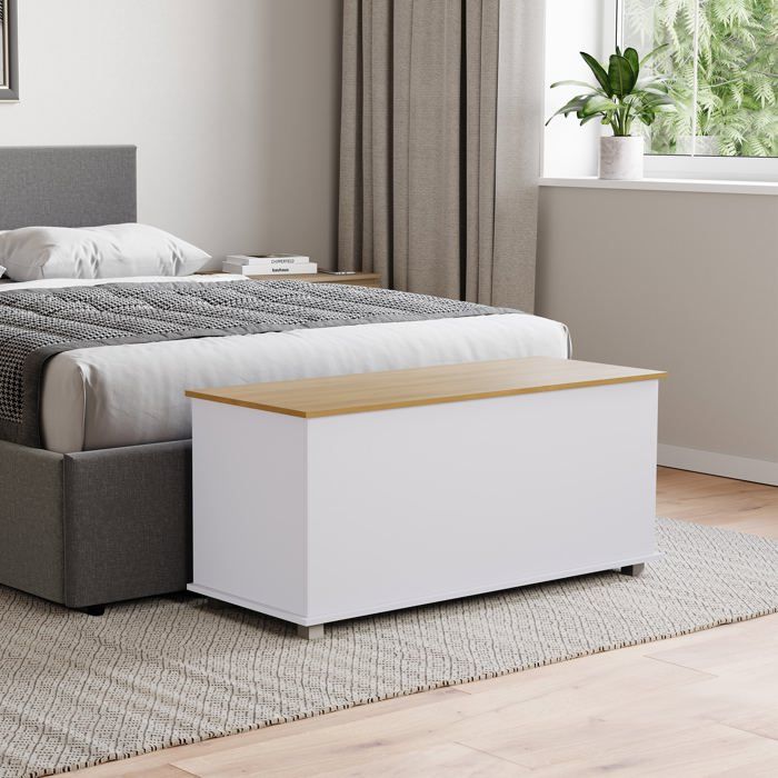 Banc coffre de rangement Arlington blanc et chêne – Repose-pieds tabouret banc en bois avec espace de rangement pour lit