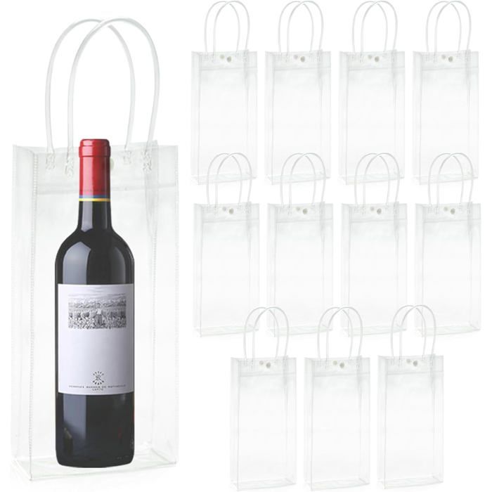 Lot De 12 Sacs à Glace PVC Transparent Avec Poignée - Refroidisseur Bouteilles Anti-Fuite Vin Bière